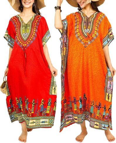 فستان قفطان نسائي بطباعة إفريقية، فستان تونك طويل ماكسي من البوليستر مطبوع، فستان قفطان لحفلات الشاطئ، فستان نوم كيمونو غير رسمي in Kuwait