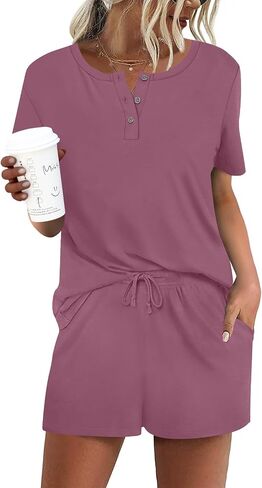 Yincro 2 Piece Women's Short Sleeve Pajama Sets with Pockets Casual Henley Neck Lounge Sets in Kuwait