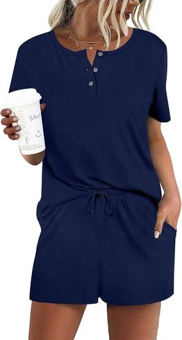 Yincro 2 Piece Women's Short Sleeve Pajama Sets with Pockets Casual Henley Neck Lounge Sets in Kuwait