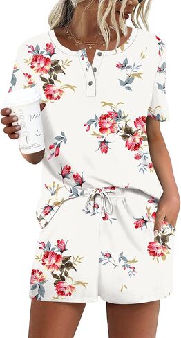 Yincro 2 Piece Women's Short Sleeve Pajama Sets with Pockets Casual Henley Neck Lounge Sets in Kuwait