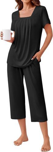 Ekouaer Pajama Set for Women Short Sleeve Top With Capri Pants Pjs 2 Piece O Neck Loungewear Soft Sleepwear with Pockets in Saudi Arabia