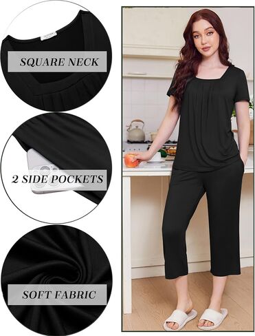 Ekouaer Pajama Set for Women Short Sleeve Top With Capri Pants Pjs 2 Piece O Neck Loungewear Soft Sleepwear with Pockets in Saudi Arabia