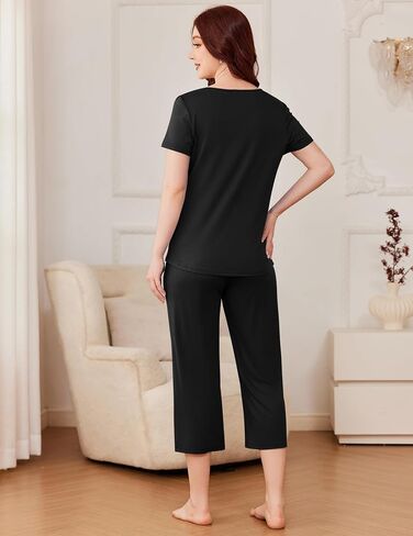 Ekouaer Pajama Set for Women Short Sleeve Top With Capri Pants Pjs 2 Piece O Neck Loungewear Soft Sleepwear with Pockets in Saudi Arabia