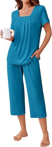 Ekouaer Pajama Set for Women Short Sleeve Top With Capri Pants Pjs 2 Piece O Neck Loungewear Soft Sleepwear with Pockets in Saudi Arabia