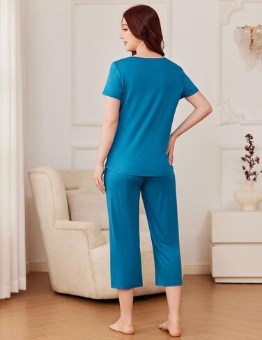 Ekouaer Pajama Set for Women Short Sleeve Top With Capri Pants Pjs 2 Piece O Neck Loungewear Soft Sleepwear with Pockets in Saudi Arabia