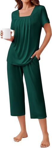 Ekouaer Pajama Set for Women Short Sleeve Top With Capri Pants Pjs 2 Piece O Neck Loungewear Soft Sleepwear with Pockets in Saudi Arabia
