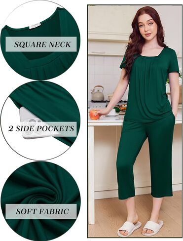 Ekouaer Pajama Set for Women Short Sleeve Top With Capri Pants Pjs 2 Piece O Neck Loungewear Soft Sleepwear with Pockets in Saudi Arabia