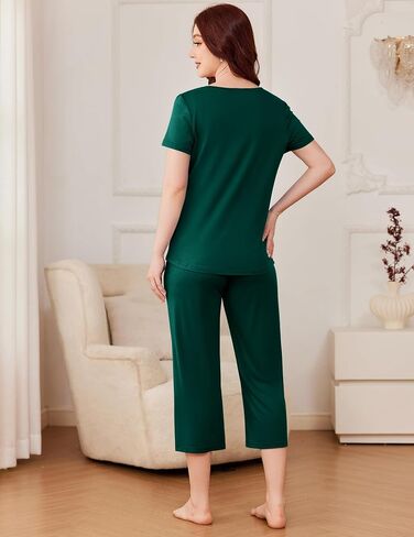Ekouaer Pajama Set for Women Short Sleeve Top With Capri Pants Pjs 2 Piece O Neck Loungewear Soft Sleepwear with Pockets in Saudi Arabia
