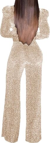 Women's Sparkly Jumpsuits Sexy Long Sleeve Cocktail Elegant Mock Neck Bodycon Straight Long Pants Rompers with Pockets in Saudi Arabia