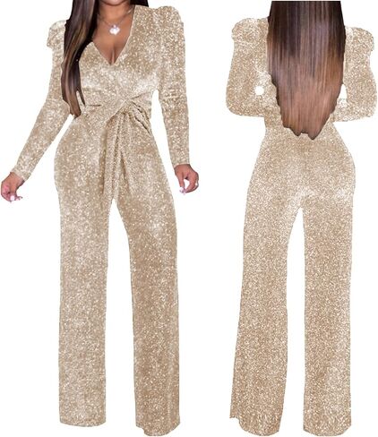 Women's Sparkly Jumpsuits Sexy Long Sleeve Cocktail Elegant Mock Neck Bodycon Straight Long Pants Rompers with Pockets in Saudi Arabia