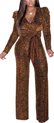 Women's Sparkly Jumpsuits Sexy Long Sleeve Cocktail Elegant Mock Neck Bodycon Straight Long Pants Rompers with Pockets in Kuwait