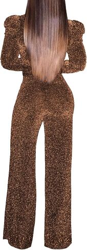 Women's Sparkly Jumpsuits Sexy Long Sleeve Cocktail Elegant Mock Neck Bodycon Straight Long Pants Rompers with Pockets in Kuwait