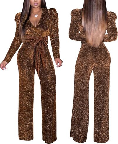 Women's Sparkly Jumpsuits Sexy Long Sleeve Cocktail Elegant Mock Neck Bodycon Straight Long Pants Rompers with Pockets in Kuwait