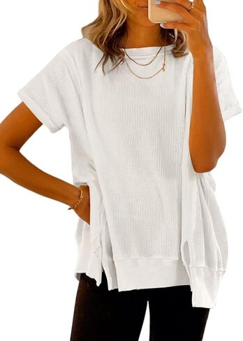SHEWIN Women's T Shirts Casual Crewneck Waffle Knit Tunic Tops Loose Short Sleeve Shirt Blouse in Saudi Arabia