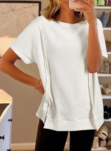 SHEWIN Women's T Shirts Casual Crewneck Waffle Knit Tunic Tops Loose Short Sleeve Shirt Blouse in Saudi Arabia