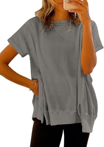 SHEWIN Women's T Shirts Casual Crewneck Waffle Knit Tunic Tops Loose Short Sleeve Shirt Blouse in Saudi Arabia
