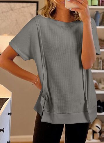 SHEWIN Women's T Shirts Casual Crewneck Waffle Knit Tunic Tops Loose Short Sleeve Shirt Blouse in Saudi Arabia