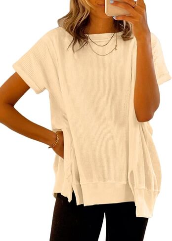 SHEWIN Women's T Shirts Casual Crewneck Waffle Knit Tunic Tops Loose Short Sleeve Shirt Blouse in Saudi Arabia