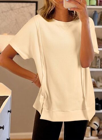 SHEWIN Women's T Shirts Casual Crewneck Waffle Knit Tunic Tops Loose Short Sleeve Shirt Blouse in Saudi Arabia