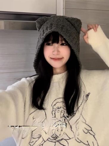 Fairy Grunge Beanie Y2K Bear Ears Hat Crochet Slouchy Hat Winter Warm Knitted Alt Headwear Accessories in Kuwait