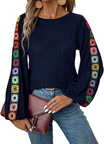 Womens Long Sleeve Tunic Tops Casual Crew Neck Lace Shirts Casual Trendy in Saudi Arabia