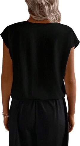 SweatyRocks Women's Cap Sleeve V Neck Wrap Top Casual Solid Pleated Pullover Blouse Shirt in Saudi Arabia