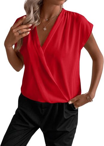 SweatyRocks Women's Cap Sleeve V Neck Wrap Top Casual Solid Pleated Pullover Blouse Shirt in Saudi Arabia