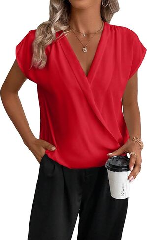 SweatyRocks Women's Cap Sleeve V Neck Wrap Top Casual Solid Pleated Pullover Blouse Shirt in Saudi Arabia