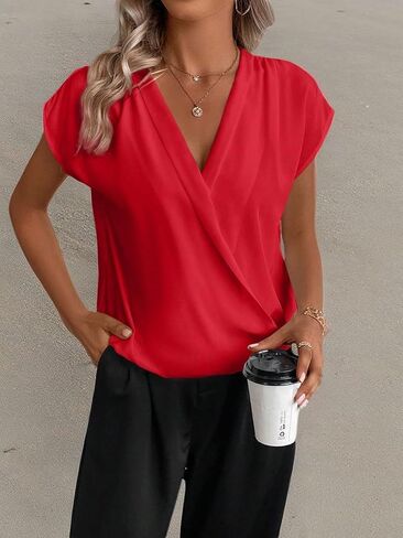 SweatyRocks Women's Cap Sleeve V Neck Wrap Top Casual Solid Pleated Pullover Blouse Shirt in Saudi Arabia