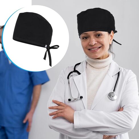 قبعة تنظيف ذات ربطة عنق سوداء، قبعة تنظيف للعمل مع عصابة رأس وربطة عنق مرنة للنساء والرجال in Kuwait