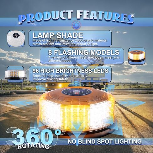 96-LED Rooftop Warning Beacon Light,7" Amber Magnetic Strobe Lights for Trucks,Emergency Flashing Lights for Vehicles,Caution Hazard Lights for 12V-24V Service Tractor Forklifts Snow Plow in Saudi Arabia