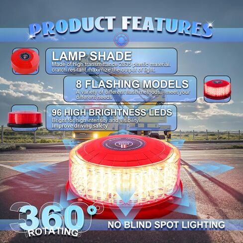 96-LED Rooftop Warning Beacon Light,7" Amber Magnetic Strobe Lights for Trucks,Emergency Flashing Lights for Vehicles,Caution Hazard Lights for 12V-24V Service Tractor Forklifts Snow Plow in Saudi Arabia