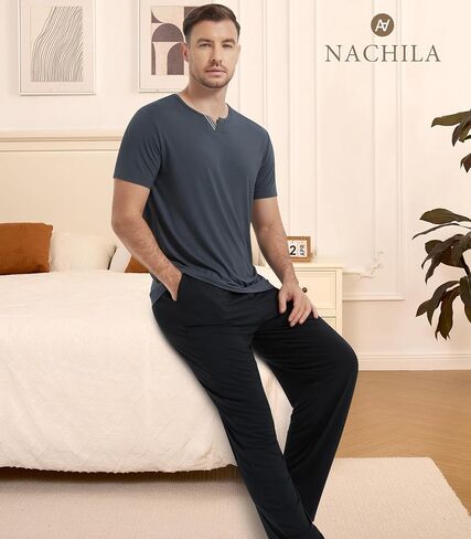 طقم بيجامة رجالي من NACHILA - فسكوز مصنوع من الخيزران، بأكمام قصيرة مع بنطلون فضفاض، طقم بيجامة ناعم برقبة على شكل حرف V in Kuwait