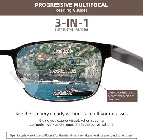 Men's Classic Progressive Multifocus Reader With Carbon Fiber Decor Temples,Blue Light Metal Multifocal Computer Readers No Line Spring Hinge 3.0 in Kuwait