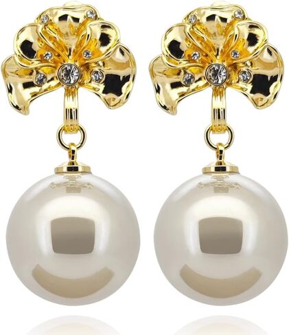 Gold Plated Large Pearl Stud Earrings for Charm Women with Dangle Drop Lightweight Dainty Fashion Designer Style, Hypoallergenic 925 Sterling Silver Stud, Gift Jewelry for Girls Looks Luxury! in Saudi Arabia