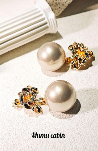 Gold Plated Large Pearl Stud Earrings for Charm Women with Dangle Drop Lightweight Dainty Fashion Designer Style, Hypoallergenic 925 Sterling Silver Stud, Gift Jewelry for Girls Looks Luxury! in Saudi Arabia