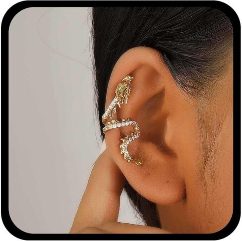 Gothic Dragon Ear Cuff Earrings Gold Dragon Cuff Wrap Earrings Crystal Dragon Earring Dragon Crawler Cuff Earrings Cz Dragon Cartilage Cuff Earrings Jewelry For Women(Gold Left) in Kuwait