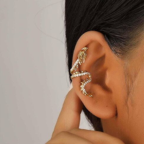 Gothic Dragon Ear Cuff Earrings Gold Dragon Cuff Wrap Earrings Crystal Dragon Earring Dragon Crawler Cuff Earrings Cz Dragon Cartilage Cuff Earrings Jewelry For Women(Gold Left) in Kuwait