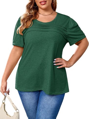 TAKEYAL Plus Size Tops for Women Puff Sleeve Pleated Front Shirts Casual Tunic Tops Crewneck Summer Blouse 1XL-5XL in Saudi Arabia