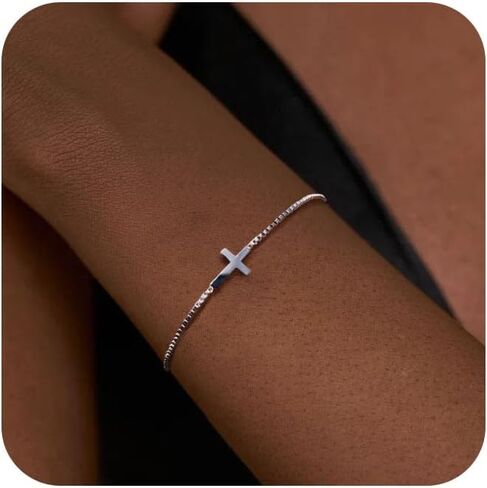 18K Gold Plated Sideways Cross Bracelets for Women Adjustable Stainless Steel Small Cross Chain Charm Faith Jewelry Religious Minimalist Gift in Saudi Arabia