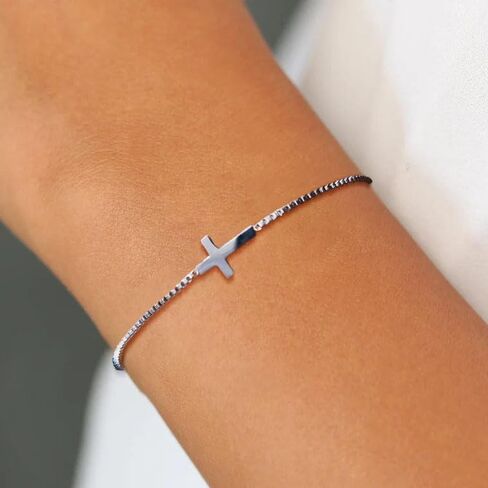 18K Gold Plated Sideways Cross Bracelets for Women Adjustable Stainless Steel Small Cross Chain Charm Faith Jewelry Religious Minimalist Gift in Saudi Arabia