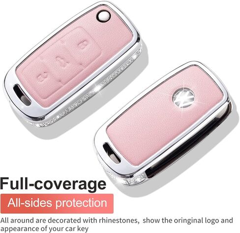 Compatible with VW Volkswagen Key Fob Cover with Keychain Genuine Leather Crystal Key Case Protector for VW Jetta Golf Polo MK6 Passat Tiguan Beetle Smart Key (Pink) in Saudi Arabia