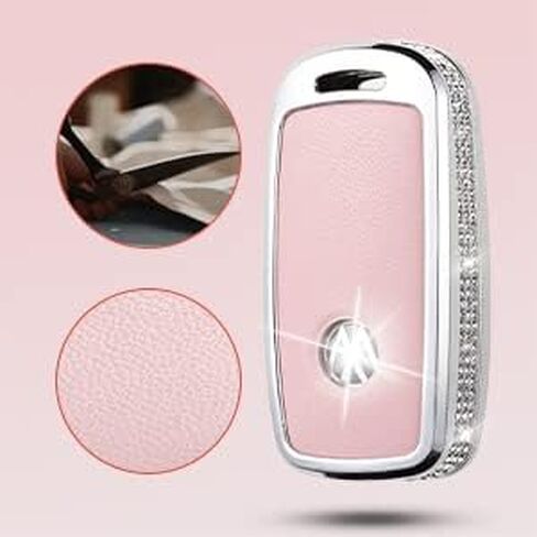 Compatible with VW Volkswagen Key Fob Cover with Keychain Genuine Leather Crystal Key Case Protector for VW Jetta Golf Polo MK6 Passat Tiguan Beetle Smart Key (Pink) in Saudi Arabia