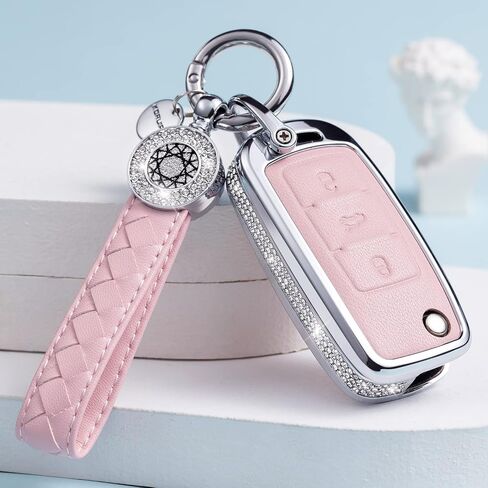 Compatible with VW Volkswagen Key Fob Cover with Keychain Genuine Leather Crystal Key Case Protector for VW Jetta Golf Polo MK6 Passat Tiguan Beetle Smart Key (Pink) in Saudi Arabia