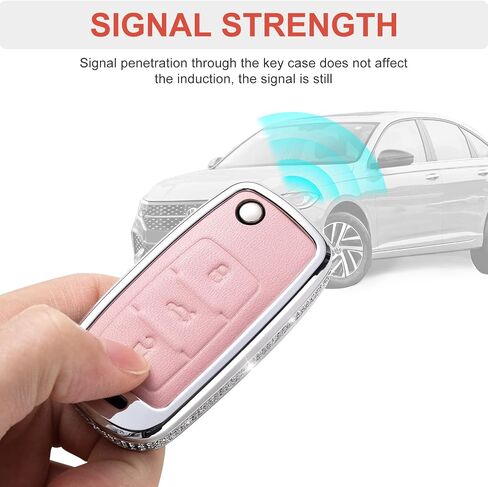 Compatible with VW Volkswagen Key Fob Cover with Keychain Genuine Leather Crystal Key Case Protector for VW Jetta Golf Polo MK6 Passat Tiguan Beetle Smart Key (Pink) in Saudi Arabia
