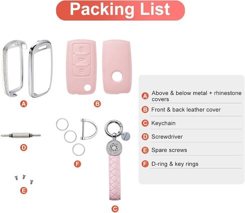 Compatible with VW Volkswagen Key Fob Cover with Keychain Genuine Leather Crystal Key Case Protector for VW Jetta Golf Polo MK6 Passat Tiguan Beetle Smart Key (Pink) in Saudi Arabia