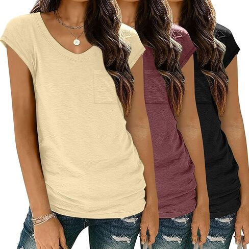 Zeagoo Womens 3 Pack Cap Sleeve T Shirts V Neck Basic Tees Tops with Pocket Fashion Trendy Casual Summer Outfits Clothes 2025 in Saudi Arabia