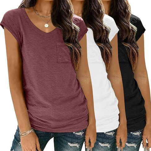 Zeagoo Womens 3 Pack Cap Sleeve T Shirts V Neck Basic Tees Tops with Pocket Fashion Trendy Casual Summer Outfits Clothes 2025 in Saudi Arabia