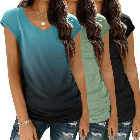Zeagoo Womens 3 Pack Cap Sleeve T Shirts V Neck Basic Tees Tops with Pocket Fashion Trendy Casual Summer Outfits Clothes 2025 in Saudi Arabia