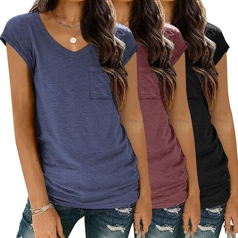 Zeagoo Womens 3 Pack Cap Sleeve T Shirts V Neck Basic Tees Tops with Pocket Fashion Trendy Casual Summer Outfits Clothes 2025 in Saudi Arabia